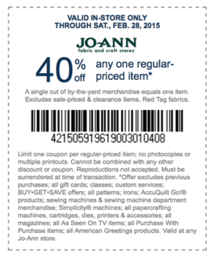 Jo-Ann Fabric and Craft Coupon Code: 40% Off 1 Regular Priced Item [In-Store Only]