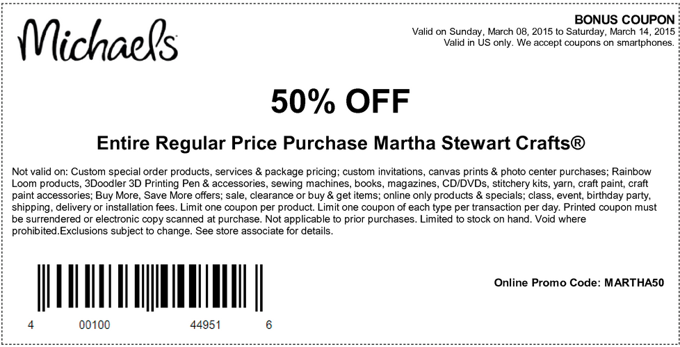 Michaels Coupon Code: 50% Off Entire Regular Price Purchase Martha