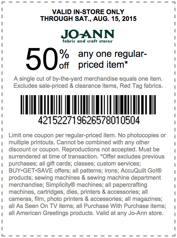 JoAnn Fabric and Craft Coupon Code 50 Off 1 Regular Priced Item