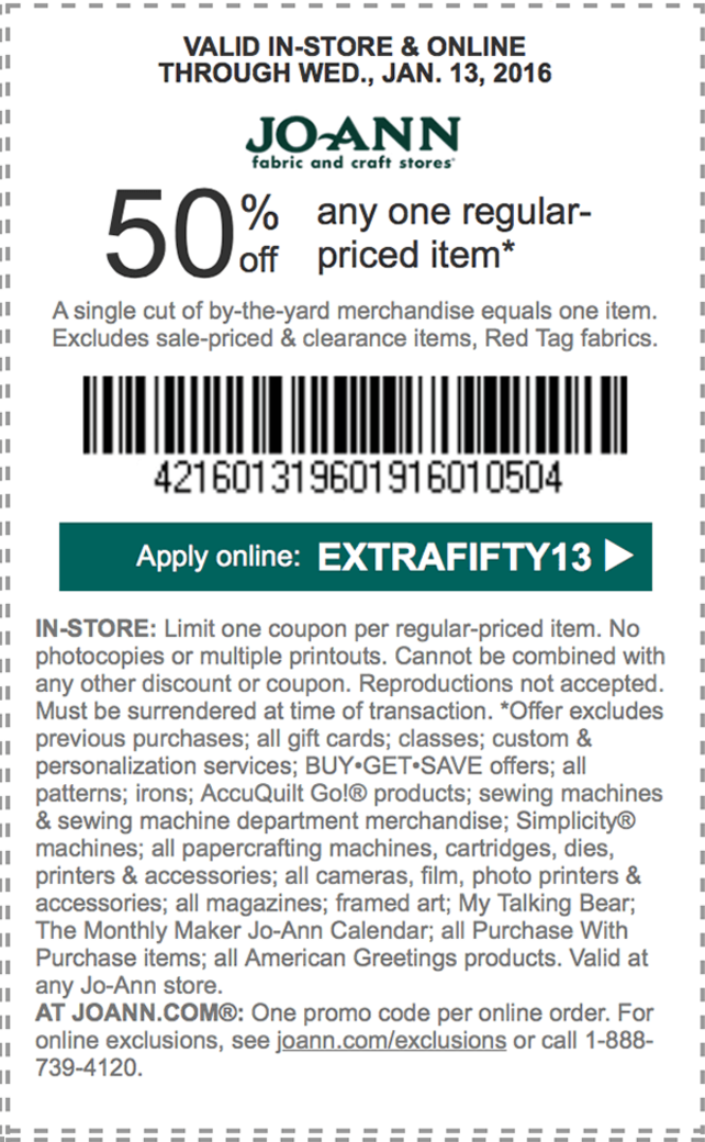 Jo-Ann Fabric and Craft Coupon Code: 50% Off Any Regular Priced Items