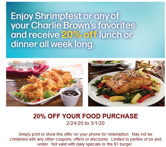 Charlie Brown's Steakhouse Coupon Code: 20% off entire food purchase At ...