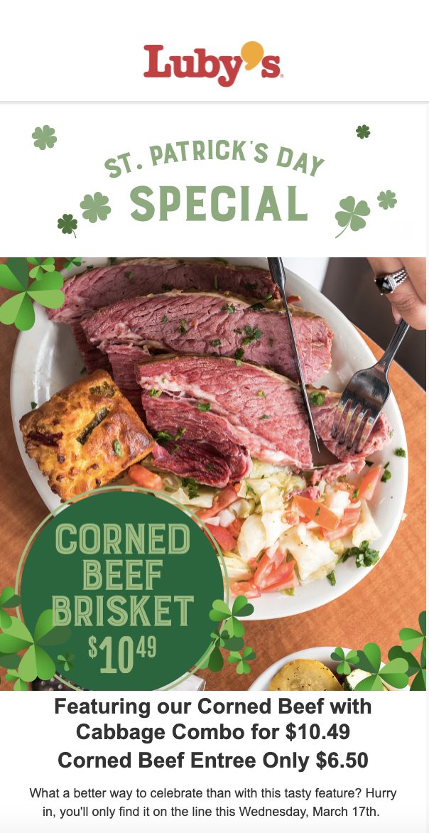 Lubys Coupon Code: St. Patrick's Day Special: Corned Beef with C