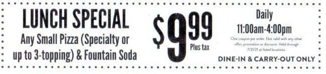 Round Table Pizza Coupon Code: Lunch Special Any Small Pizza, Soda $9.99 Dai