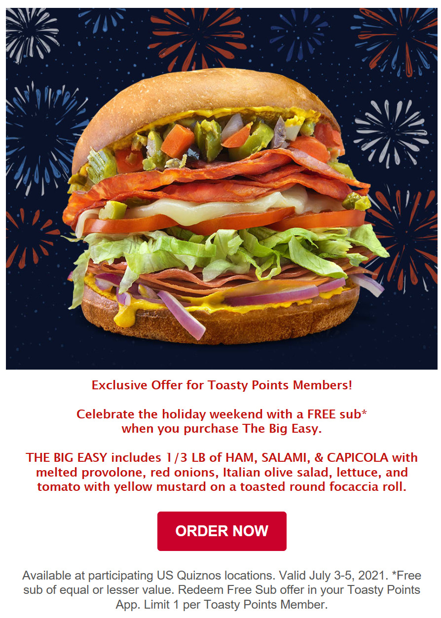 Quiznos Coupon Code Exclusive Offer for Toasty Points Members! (f
