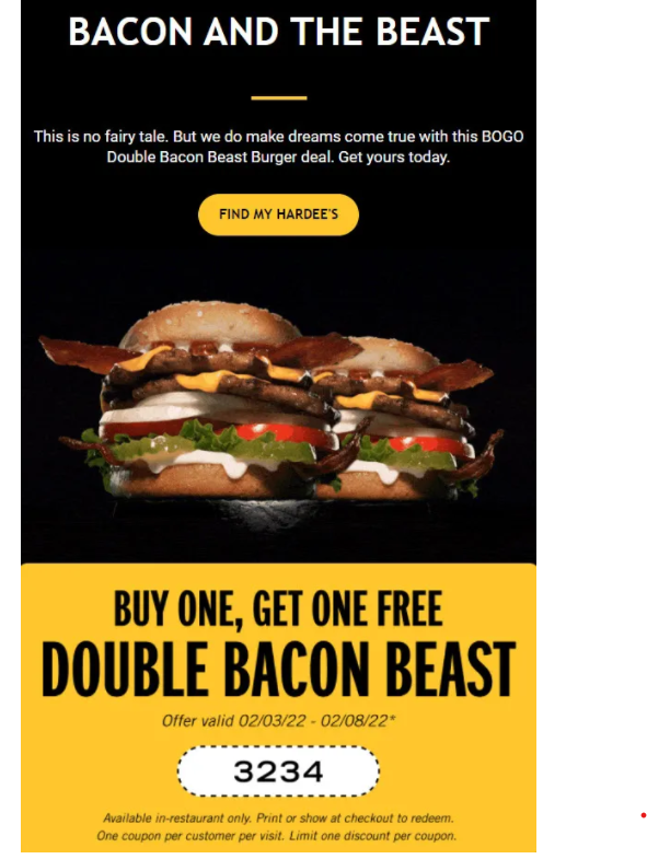 Hardees Coupon Code Get One Free Double Bacon Beast when you buy