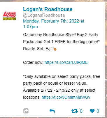Logans Roadhouse Coupon Code: Game Day Roadhouse Style, Buy 2 party packs a