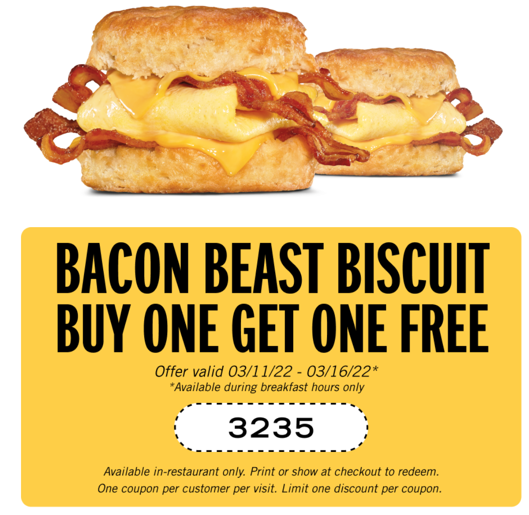 Hardees Coupon Code Buy one, get one free Double Bacon Beast Burg