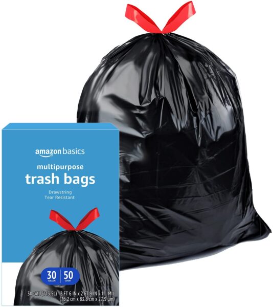 Amazon Basics Multipurpose Drawstring Trash Bags, 30 Gallon, 50