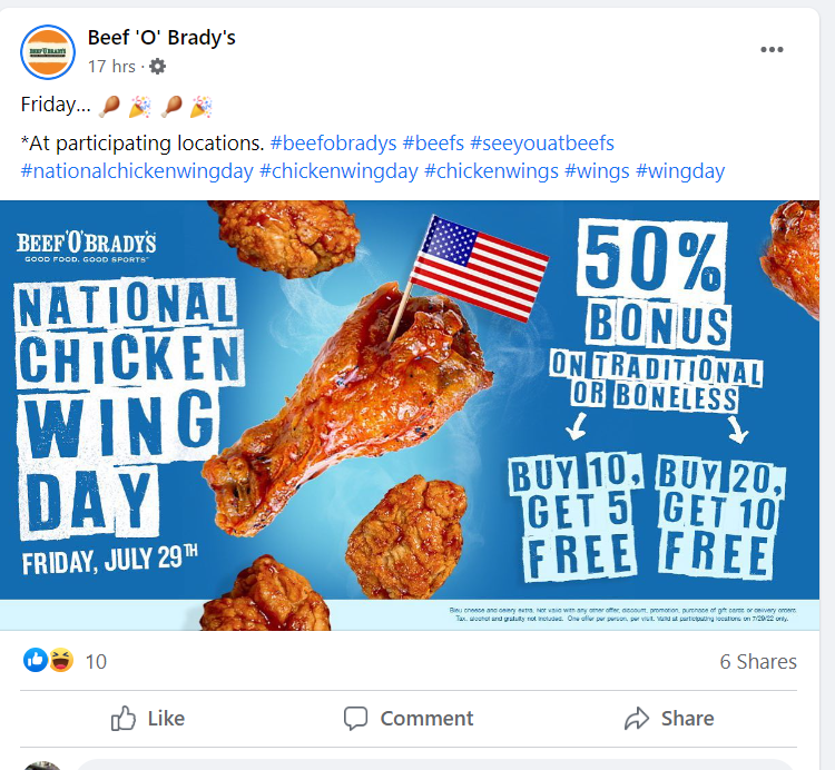 Beef O Bradys Coupon Code: In celebration of National Chicken Wing Day.