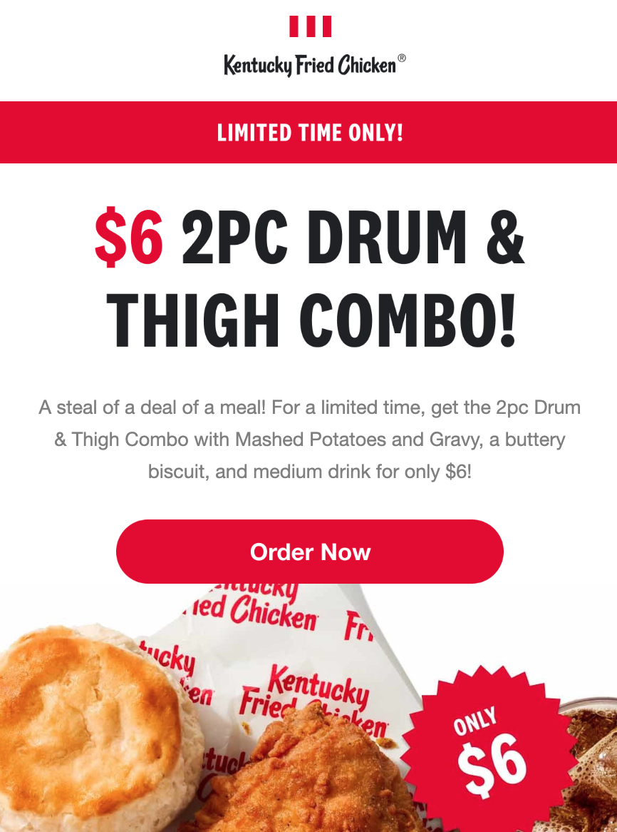 KFC Coupon Code 6 2 PC Drum & Thigh Combo with mashed potato