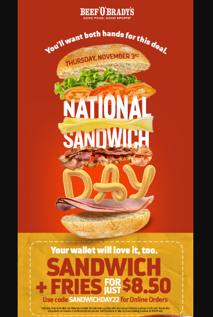 Beef O Bradys Coupon Code: National Sandwich Day Get a Sandwich + Frie