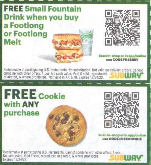 Subway Coupon Code Free small fountain drink when you buy any fo