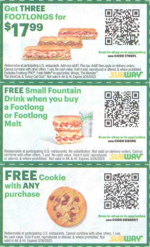 Subway Coupon Code Free Cookie With Any Purchase Subway Coupon C