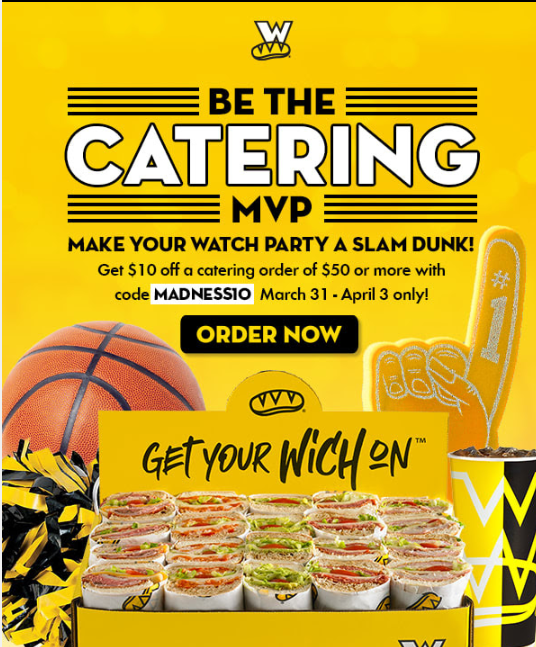 Which Wich Coupon Code Get 10 OFF a catering order of 50 or more w