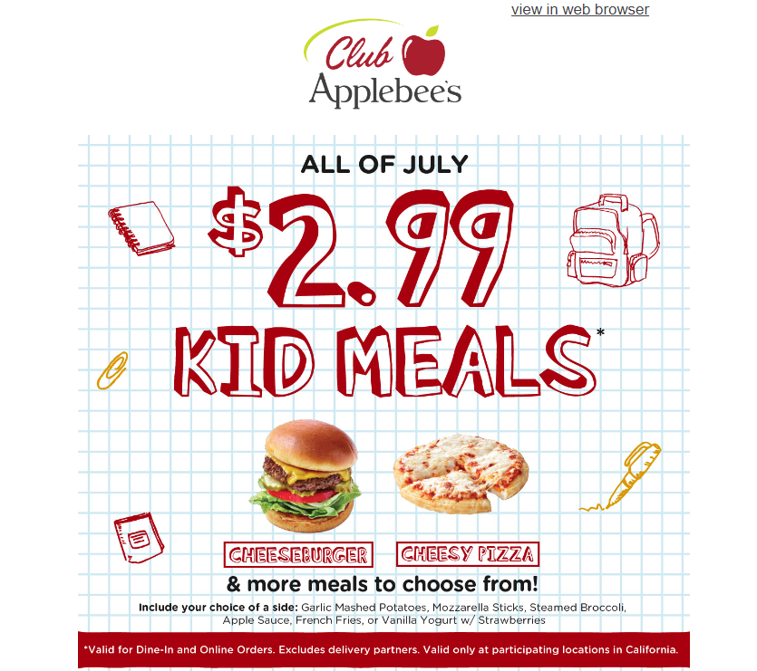 Applebees Coupon Code 2.99 Kids Meals All of July Bring your litt