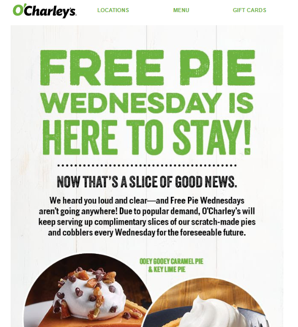 OCharleys Coupon Code Free Pie Wednesday Free Slice Of Pie Or Cob
