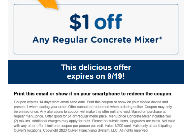 Culver's Coupon Code Get 1 off any medium Shake or Cooler Pri