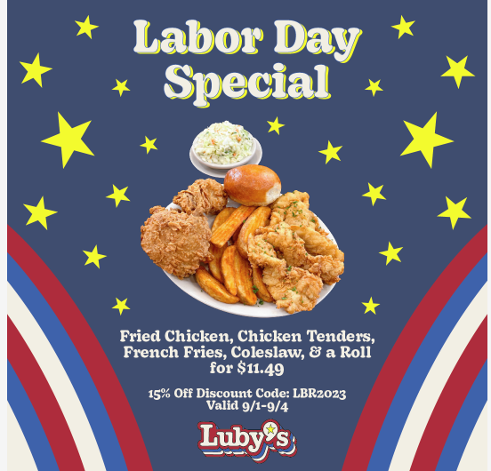 Lubys Coupon Code Labor Day Special 15 OFF Fried Chicken,