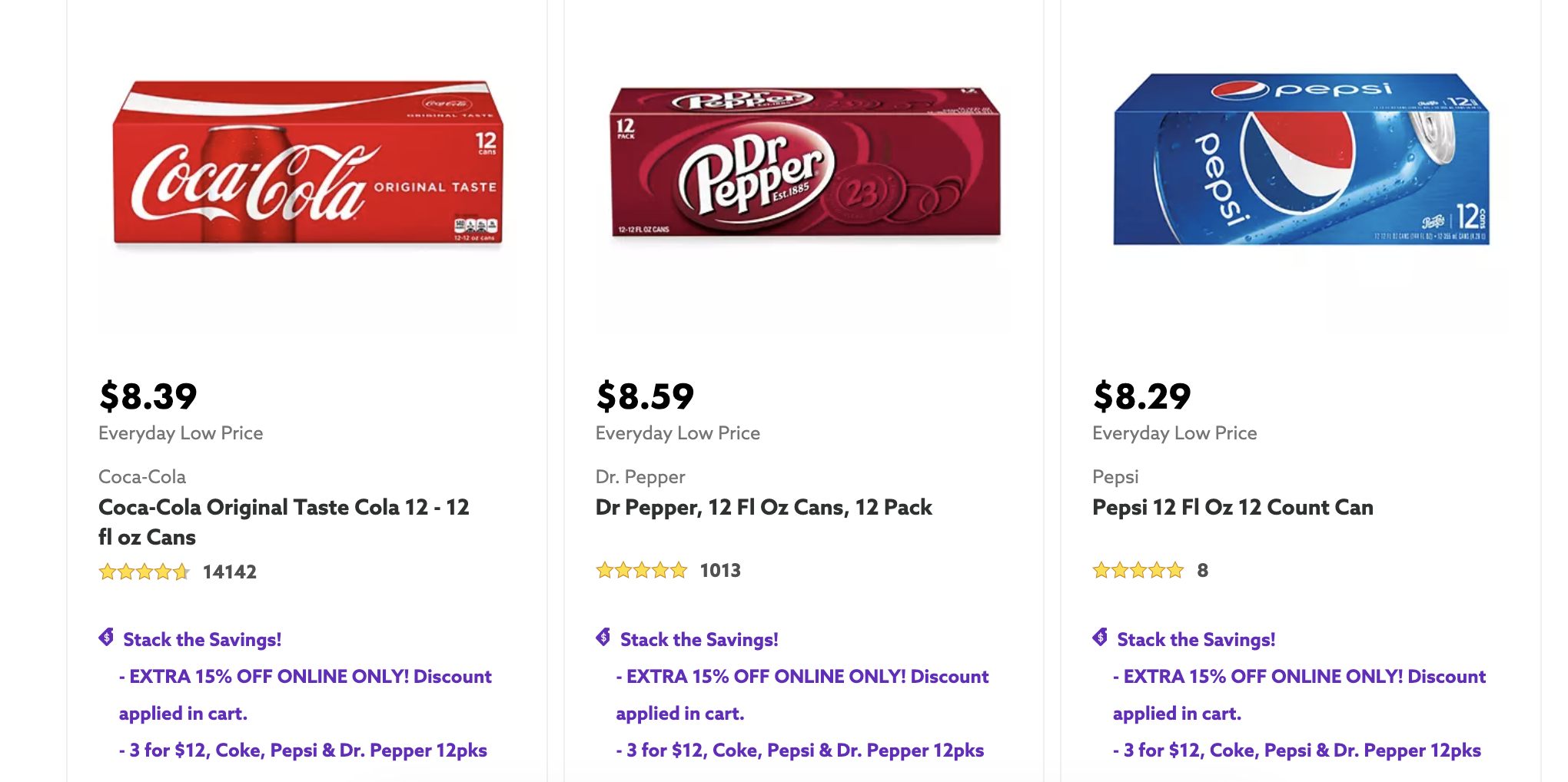 Three 12-Pack Soda Sale: Coca-Cola, Pepsi, Mountain Dew, Sprite,