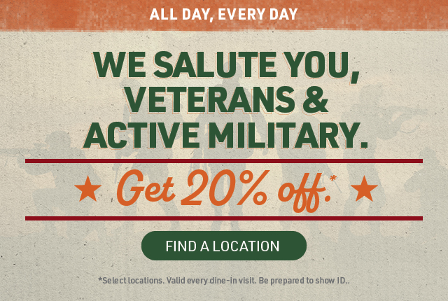 OCharleys Coupon - 20% off for Veterans & Active Military. Must show ID.
At participating locations