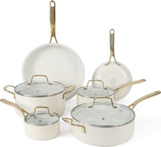 Martha Stewart 10 Piece Cookware Set Linen White w/Gold Handle Sale