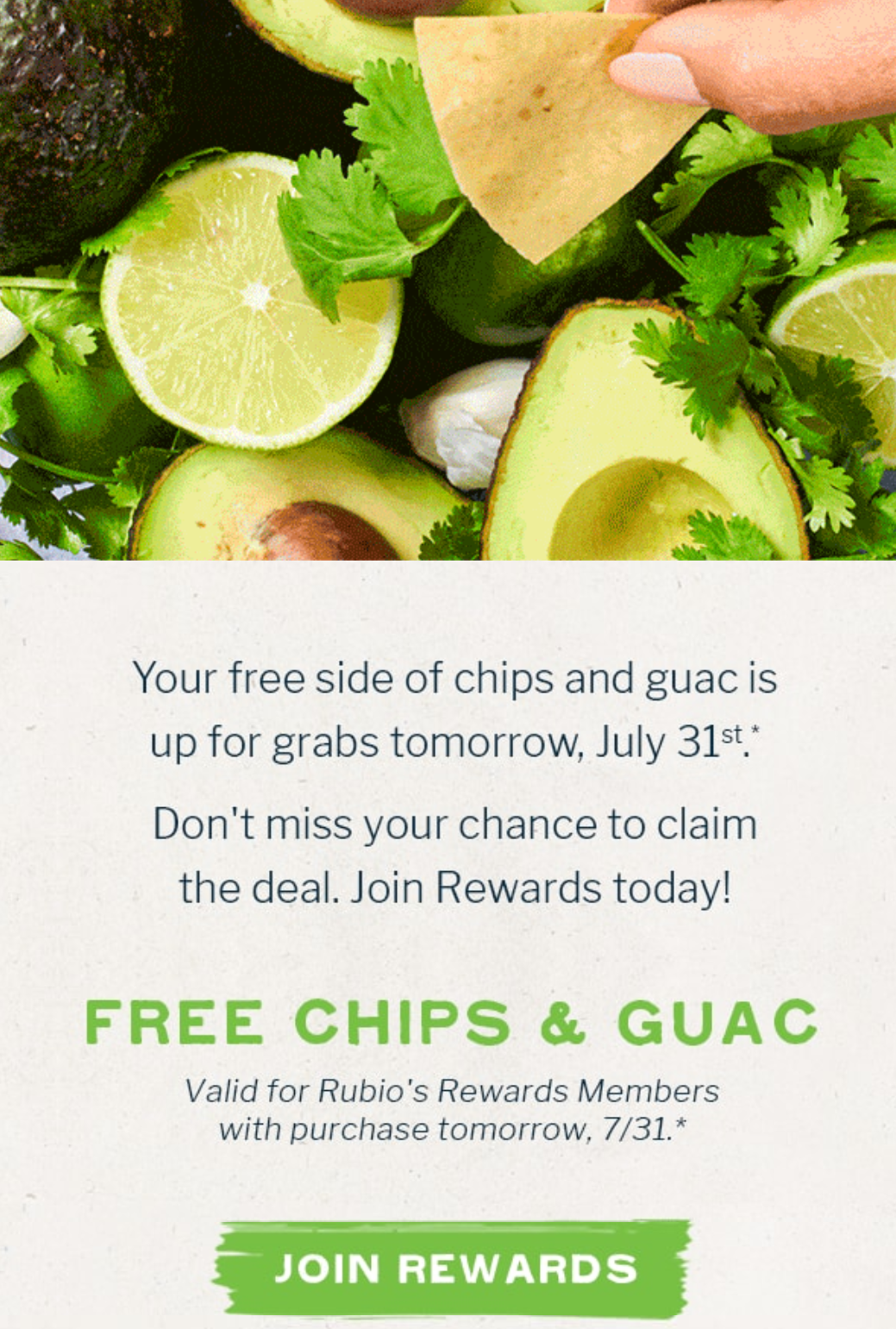 Rubios Coupon - Free regular size chips and guacamole with additional purchase, excluding sides and extras for Rewards members (Free to join) Valid 7/31/24 only

At participating locations