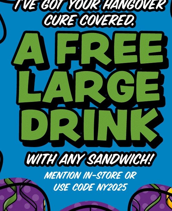 Ike's Sandwiches Coupon - A FREE large drink with any sandwich purchase. Just mention in-store or use code: NY2025