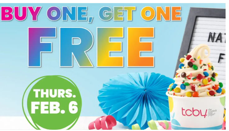 TCBY Coupon - National FROYO Day On Feb 6th!
Buy one Get one Free

At participating locations.