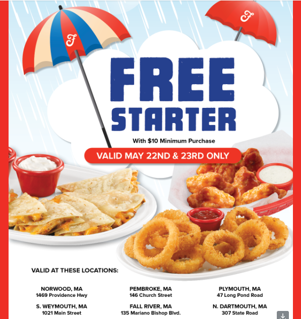 Friendlys Coupon - Rainy Day Deal 
Free Starter with $10 minimum purchase

Only at certain locations