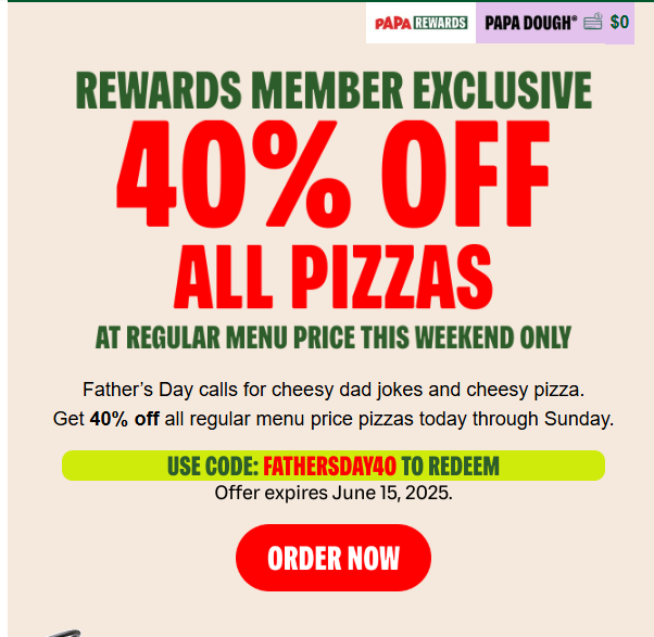 Papa Johns Pizza Coupon - Five Large Pizza Offer $70.00
Five Large Original or Thin Pizzas with up to 3-toppings

At participating locations.