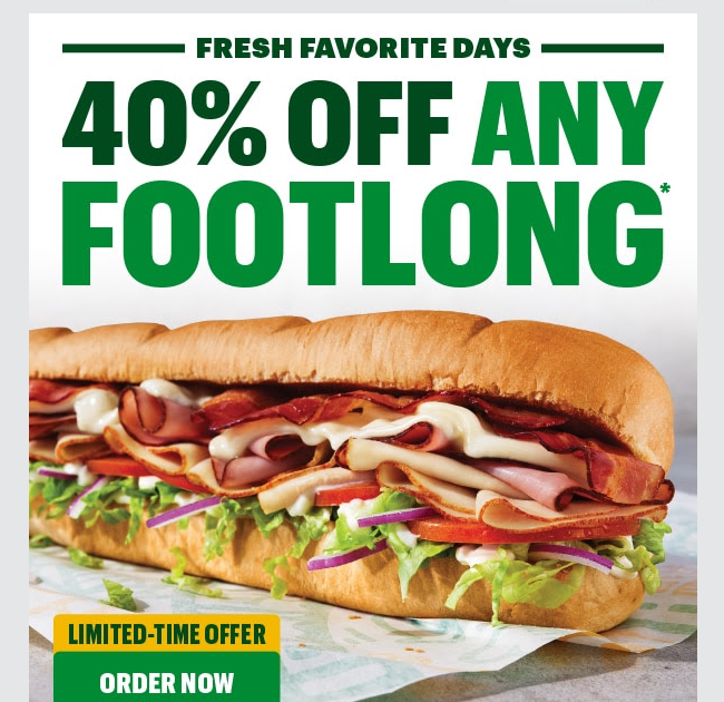 Subway Coupon - 40% off Any Footlong
Use code FORTY
Valid for online or Subway app (free to download). Must be a Subway Reward Member (free to join)
At participating locations.