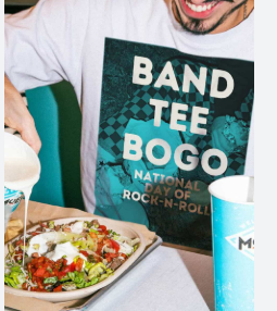 Moes Southwest Grill Coupon - BOGO
Get one free offer (BOGO) Buy one Entrée (Burritos, Bowls, Stacks, Nachos, Quesadillas, Tacos or Salads; excludes Kids Meals and Meal Kits), receive the second Entree. Only on July 7th for National Day of Rock-n-Roll for customers wearing a concert or music related shirt
At participating locations.