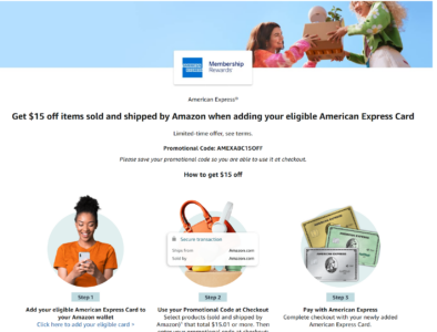 Select American Express Cardholders: $15 off $15.01