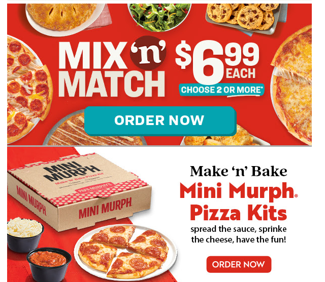 Papa Murphys Coupon - Mix n Match $6.99 Each 
Choose 2 or more 
Must purchase a minimum of two side items to qualify for discounted price. Eligible side items are limited to Medium Cheese and Pepperoni pizzas, 5 -Cheese Bread, select Calzones, Cinnamon Wheel, Chocolate Chip Cookie Dough, and select Salads. Only certain calzones and salads are eligible
At participating locations.