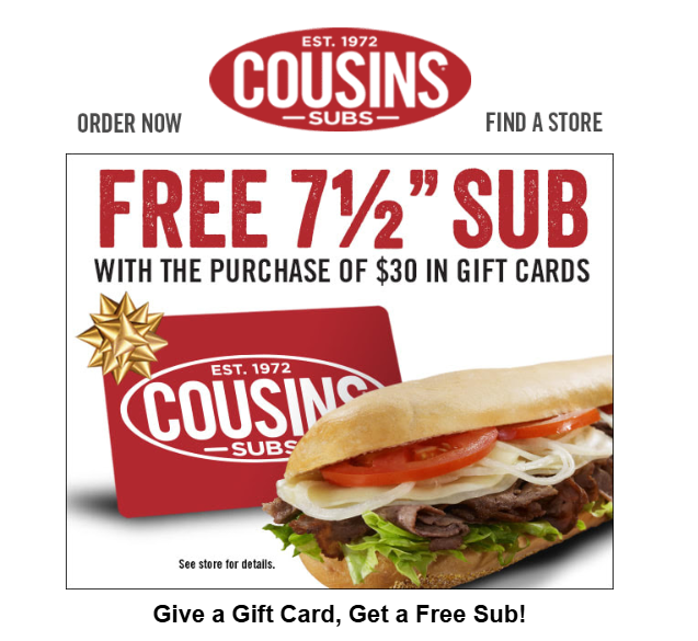 Cousins Subs Coupon - Free 7 1/2