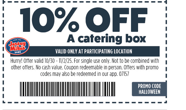 Jersey Mike's Subs Coupon - 10% Off Catering Box
Use promo code CATERJM
At participating locations.