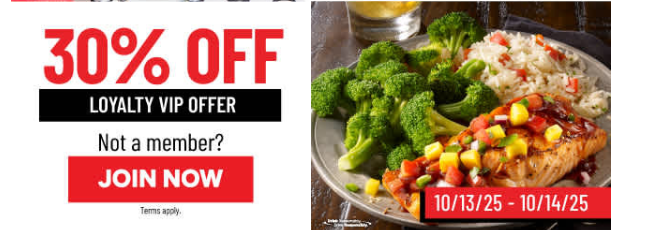TGI Fridays Coupon - 30% off for Friday Rewards Members (free to join) on October 13th to 14th 

At participating locations.