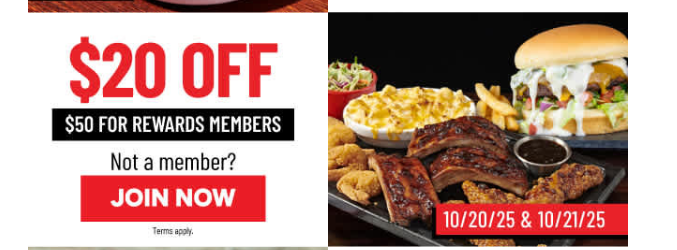 TGI Fridays Coupon - $20 off $50 for Friday Rewards Members (free to join) 

At participating locations.