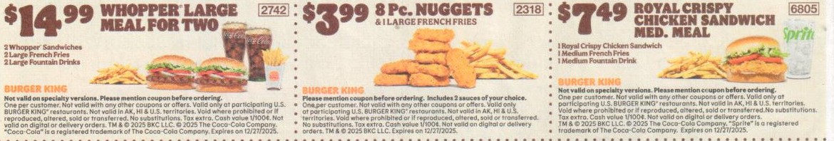 Burger King Coupon - $3.99 8Pc Nuggets
1 Large French Fries
using Burger King BK Coupon Code: 2318

At participating locations.