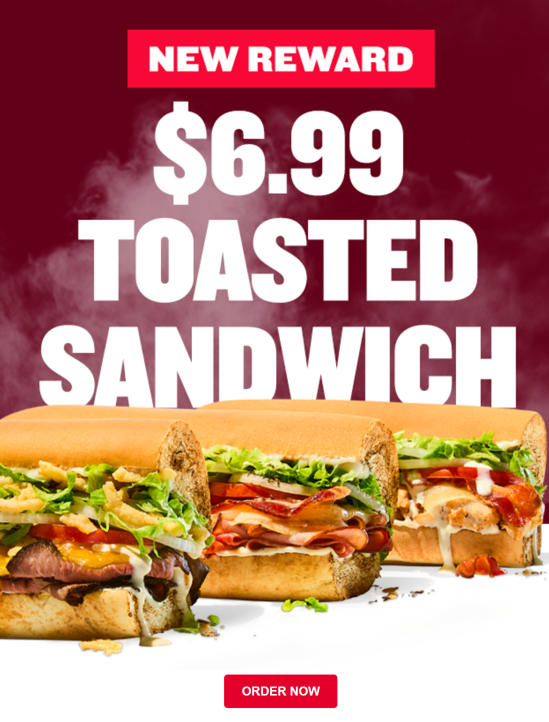Jimmy Johns Coupon - Try a Toasted Sandwich today for $6.99.
Offer valid for a Sicilian or Three Cheese Toasted Pizza for rewards members (Free to join)
At participating locations.