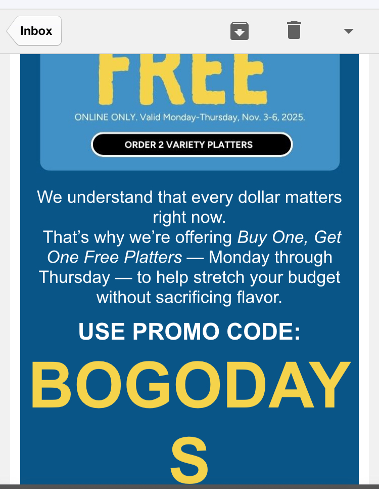 Long John Silver's Coupon - We understand that every dollar matters right now. That’s why we’re offering Buy One, Get One Free Platters — Monday through Thursday to help stretch your budget without sacrificing flavor.

Code: BOGODAYS