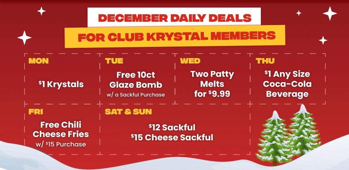 Krystal Coupon - Merry Krystalmas everyone! Club Krystal members can enjoy these daily deals all month long!