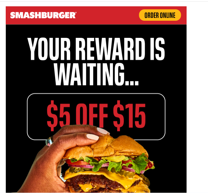Smashburger Coupon - $5 Off $15
Redeem online using the Smashburger app (free to join) or at smashburger.com


At participating locations.