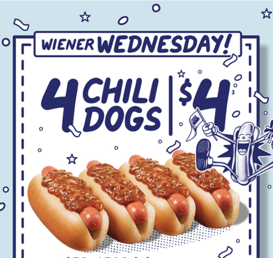 Wienerschnitzel Coupon - Wednesday Special Get 4 Chili Dogs for $4 in store only. Limit 5
At participating locations.