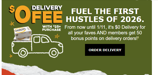 Church's Chicken Coupon - $0 Delivery fee with $25 or purchase, and Rewards Members (free to join) get 50 bonus points when you order delivery on the Church's app 

At participating locations.