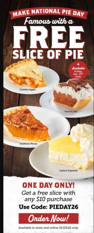 Famous Dave's BBQ Coupon - Get a free slice of pie with a Famous Dave’s for National Pie Day
Use promo code PIEDAY26 at checkout
At participating locations.