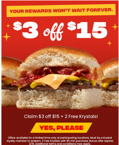 Krystal Coupon - $3 Off $15 plus Free Krystal
Krystal Loyalty Member (free to join)

At participating locations.