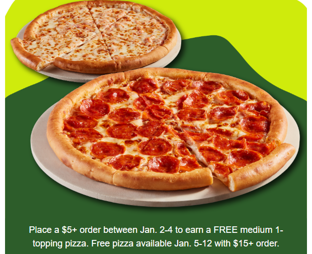 Papa Johns Pizza Coupon - Free Pizza Next Week
Place a $5+ order between Jan. 2-4 to earn a FREE medium 1-topping pizza. Free pizza available Jan. 5-12 with $15+ order
Must be a Papa Rewards Member (free to join)
At participating locations.