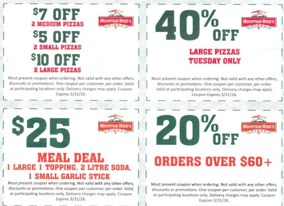 Mountain Mikes Pizza Coupon - 4 in store Mountain Mikes Coupons
$7 off 2 Medium Pizzas
$5 off 2 Small Pizzas
$10 off 2 Large Pizzas
and more

At participating locations