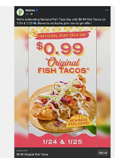 Rubios Coupon - Get an Original Fish Taco for just $0.99 at Rubio’s Coastal Grill on January 25th only 

At participating locations.